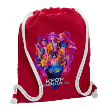 kpop Demon Hunters Huntrix, Backpack pouch GYMBAG Red, with pocket (40x48cm) & thick cords