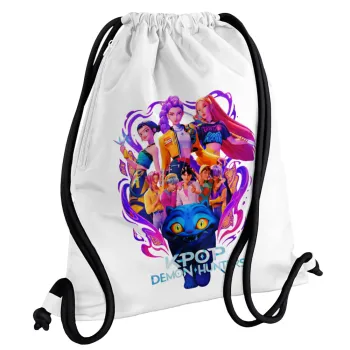 kpop Demon Hunters Huntrix, Backpack pouch GYMBAG white, with pocket (40x48cm) & thick cords