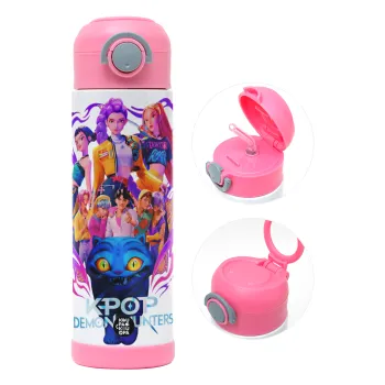 kpop Demon Hunters Huntrix, Παιδικό παγούρι θερμό, ανοξείδωτο, με καλαμάκι ασφαλείας, ΡΟΖ (500ml)