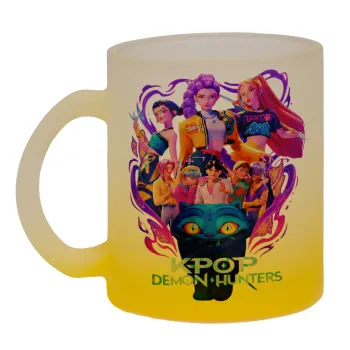 kpop Demon Hunters Huntrix, Κούπα γυάλινη δίχρωμη με βάση το κίτρινο ματ, 330ml