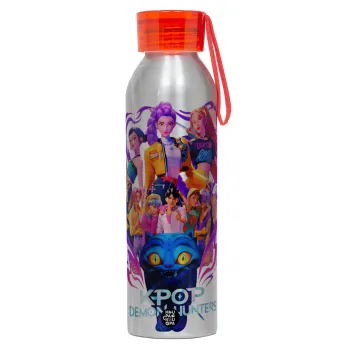 kpop Demon Hunters Huntrix, Αλουμινένιο Αθλητικό Μπουκάλι 650ml – Ασημί με Κόκκινο Καπάκι και Λουράκι Σιλικόνης