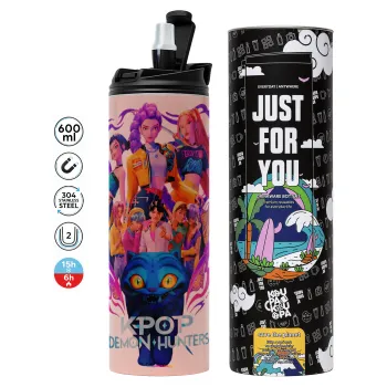 kpop Demon Hunters Huntrix, Tumbler ποτήρι θερμό ΡΟΖ από ανοξείδωτο ατσάλι 600ml