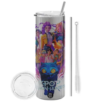kpop Demon Hunters Huntrix, Tumbler stainless steel Silver 600ml, with metal straw & cleaning brush