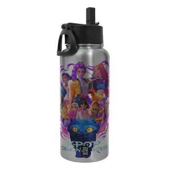 kpop Demon Hunters Huntrix, Metal mug thermo Silver with Straw and Spout Lid (Stainless steel), double wall, 950ml