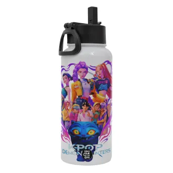 kpop Demon Hunters Huntrix, Metal mug thermo White with Straw and Spout Lid (Stainless steel), double wall, 950ml