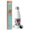 Easter Set, metallic stainless steel water bottle (750ml) & aromatic flat Easter candle (30cm) (TURQUOISE)
