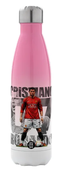 Cristiano Ronaldo (Κριστιάνο Ρονάλντο) — Μεταλλικό παγούρι θερμός Ροζ/Λευκό (Stainless steel), διπλού τοιχώματος, 500ml