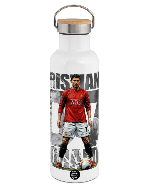 Cristiano Ronaldo (Κριστιάνο Ρονάλντο) — Stainless steel White with wooden lid (bamboo), double wall, 750ml