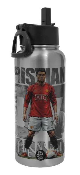 Cristiano Ronaldo (Κριστιάνο Ρονάλντο) — Metal mug thermo Silver with Straw and Spout Lid (Stainless steel), double wall, 950ml