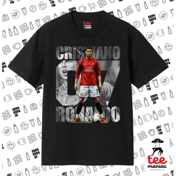 Cristiano Ronaldo (Κριστιάνο Ρονάλντο), Κλασικό T-Shirt, διπλής ραφής, χωρίς πλευρικές ραφές ΜΑΥΡΟ από 100% βαμβάκι. Vegan & OEKO-TEX πιστοποιημένο.