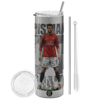 Cristiano Ronaldo (Κριστιάνο Ρονάλντο), Tumbler stainless steel Silver 600ml, with metal straw & cleaning brush