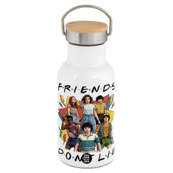 Friends Dont Lie, Stranger Things, Metallic thermos (Stainless steel) White with wooden lid (bamboo), double-walled, 350ml