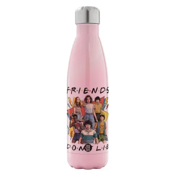 Friends Dont Lie, Stranger Things, Metal mug thermos Pink Iridiscent (Stainless steel), double wall, 500ml