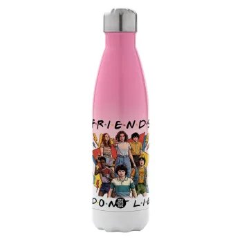 Friends Dont Lie, Stranger Things, Metal mug thermos Pink/White (Stainless steel), double wall, 500ml