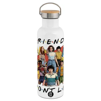 Friends Dont Lie, Stranger Things, Stainless steel White with wooden lid (bamboo), double wall, 750ml