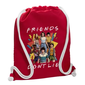Friends Dont Lie, Stranger Things, Τσάντα πλάτης πουγκί GYMBAG Κόκκινη, με τσέπη (40x48cm) & χονδρά κορδόνια