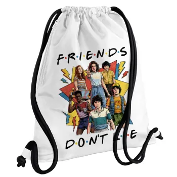 Friends Dont Lie, Stranger Things, Τσάντα πλάτης πουγκί GYMBAG λευκή, με τσέπη (40x48cm) & χονδρά κορδόνια