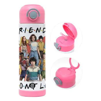 Friends Dont Lie, Stranger Things, Παιδικό παγούρι θερμό, ανοξείδωτο, με καλαμάκι ασφαλείας, ΡΟΖ (500ml)