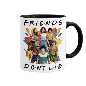 Friends Dont Lie, Stranger Things, Κούπα χρωματιστή μαύρη, κεραμική, 330ml
