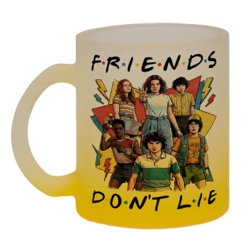 Friends Dont Lie, Stranger Things, Κούπα γυάλινη δίχρωμη με βάση το κίτρινο ματ, 330ml