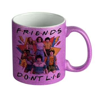 Friends Dont Lie, Stranger Things, Κούπα Μωβ Glitter που γυαλίζει, κεραμική, 330ml