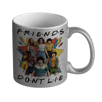 Friends Dont Lie, Stranger Things, Κούπα Ασημένια Glitter που γυαλίζει, κεραμική, 330ml