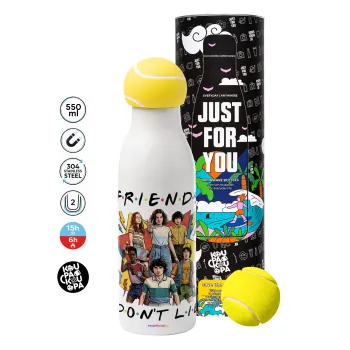 Friends Dont Lie, Stranger Things, Tennis ball Metal mug thermos White, double wall, 550ml