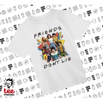 Friends Dont Lie, Stranger Things, Άνετο παιδικό T-Shirt ΛΕΥΚΟ από 100% βαμβάκι, για κάθε μέρα. Vegan & OEKO-TEX πιστοποιημένο.