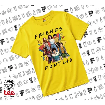 Friends Dont Lie, Stranger Things, yellow childrens T-Shirt made of 100% cotton, for every day. Vegan & OEKO-TEX certified.