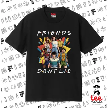 Friends Dont Lie, Stranger Things, Κλασικό T-Shirt, διπλής ραφής, χωρίς πλευρικές ραφές ΜΑΥΡΟ από 100% βαμβάκι. Vegan & OEKO-TEX πιστοποιημένο.