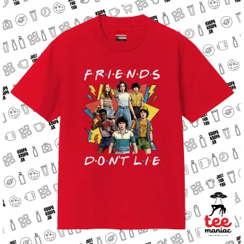 Friends Dont Lie, Stranger Things, Κλασικό T-Shirt, διπλής ραφής, χωρίς πλευρικές ραφές ΚΟΚΚΙΝΟ από 100% βαμβάκι. Vegan & OEKO-TEX πιστοποιημένο.