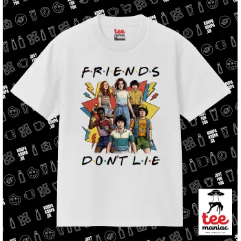 Friends Dont Lie, Stranger Things, Κλασικό T-Shirt, διπλής ραφής, χωρίς πλευρικές ραφές ΛΕΥΚΟ από 100% βαμβάκι. Vegan & OEKO-TEX πιστοποιημένο.