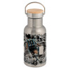 Stainless steel metallic thermos flask, silver with a bamboo lid, double-walled, 350ml.