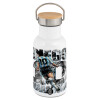 Metallic thermos (Stainless steel) White with wooden lid (bamboo), double-walled, 350ml