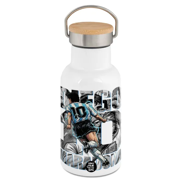 Diego Maradona (Ντιέγκο Μαραντόνα) — Metallic thermos (Stainless steel) White with wooden lid (bamboo), double-walled, 350ml