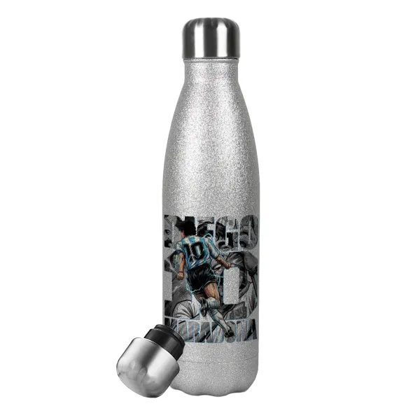 Diego Maradona (Ντιέγκο Μαραντόνα) — Metallic Glitter Silver Thermos Flask (Stainless steel), double-walled, 500ml