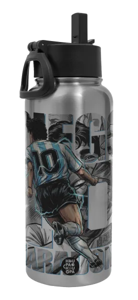 Diego Maradona (Ντιέγκο Μαραντόνα) — Metal mug thermo Silver with Straw and Spout Lid (Stainless steel), double wall, 950ml