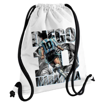 Diego Maradona (Ντιέγκο Μαραντόνα), Backpack pouch GYMBAG white, with pocket (40x48cm) & thick cords