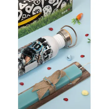 Diego Maradona (Ντιέγκο Μαραντόνα), Easter Set, SS Metallic water bottle (620ml, stainless steel) & scented flat Easter candle (30cm) (TURQUOISE)
