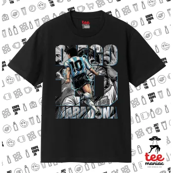 Diego Maradona (Ντιέγκο Μαραντόνα), Κλασικό T-Shirt, διπλής ραφής, χωρίς πλευρικές ραφές ΜΑΥΡΟ από 100% βαμβάκι. Vegan & OEKO-TEX πιστοποιημένο.