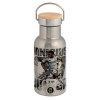 Stainless steel metallic thermos flask, silver with a bamboo lid, double-walled, 350ml.