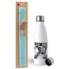 Easter Set, metallic stainless steel water bottle (750ml) & aromatic flat Easter candle (30cm) (TURQUOISE)