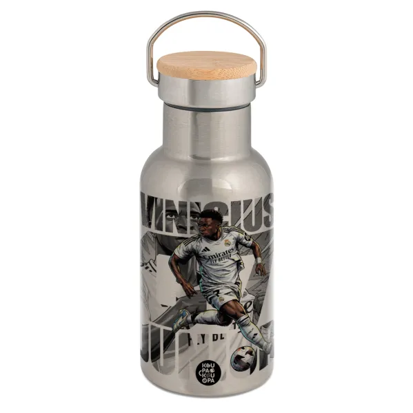 Vinícius Júnior (Βινίσιους Ζούνιορ) — Stainless steel metallic thermos flask, silver with a bamboo lid, double-walled, 350ml.