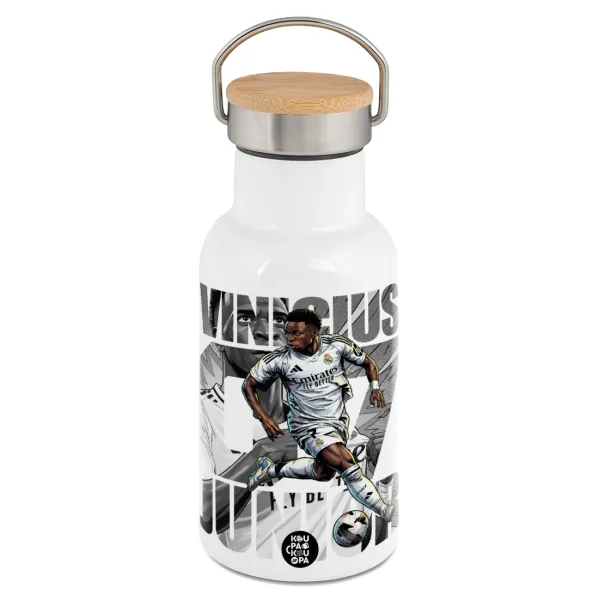 Vinícius Júnior (Βινίσιους Ζούνιορ) — Metallic thermos (Stainless steel) White with wooden lid (bamboo), double-walled, 350ml