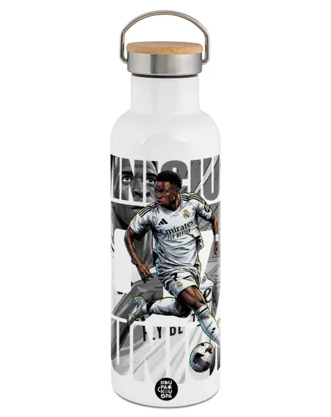 Vinícius Júnior (Βινίσιους Ζούνιορ) — Stainless steel White with wooden lid (bamboo), double wall, 750ml