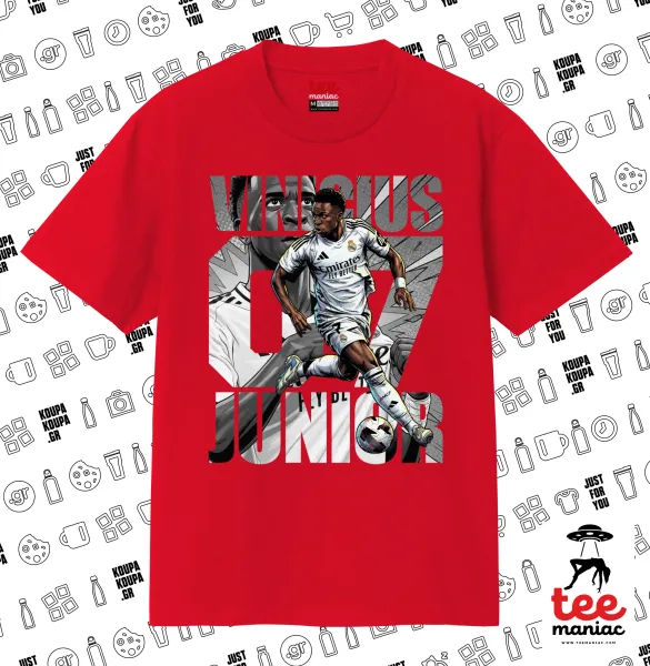 Vinícius Júnior (Βινίσιους Ζούνιορ) — ΚΟΚΚΙΝΟ Κλασικό T-Shirt, διπλής ραφής, χωρίς πλευρικές ραφές από 100% βαμβάκι. Vegan & OEKO-TEX πιστοποιημένο.