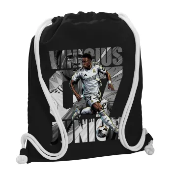 Vinícius Júnior (Βινίσιους Ζούνιορ), Τσάντα πλάτης πουγκί GYMBAG Μαύρη, με τσέπη (40x48cm) & χονδρά λευκά κορδόνια