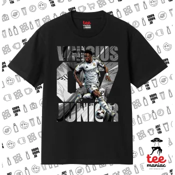 Vinícius Júnior (Βινίσιους Ζούνιορ), Κλασικό T-Shirt, διπλής ραφής, χωρίς πλευρικές ραφές ΜΑΥΡΟ από 100% βαμβάκι. Vegan & OEKO-TEX πιστοποιημένο.