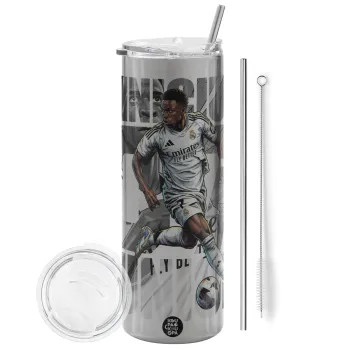 Vinícius Júnior (Βινίσιους Ζούνιορ), Tumbler stainless steel Silver 600ml, with metal straw & cleaning brush