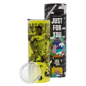 Vinícius Júnior (Βινίσιους Ζούνιορ), Neon Yellow Travel Tumbler θερμό, μεταλλικό καλαμάκι(Ανωξείδωτο 304 Food grade, BPA free, 600ml)